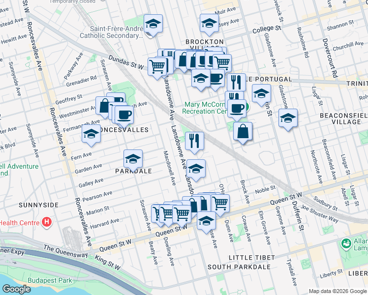 map of restaurants, bars, coffee shops, grocery stores, and more near 145 Lansdowne Avenue in Toronto