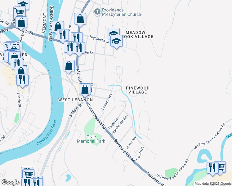 map of restaurants, bars, coffee shops, grocery stores, and more near 28 Pleasant Street in Lebanon