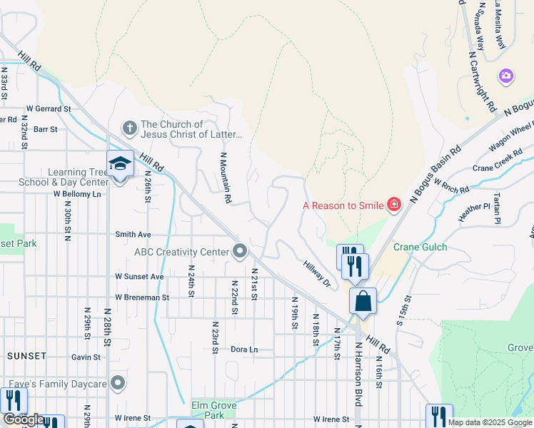 map of restaurants, bars, coffee shops, grocery stores, and more near 3113 Ridgeway Drive in Boise