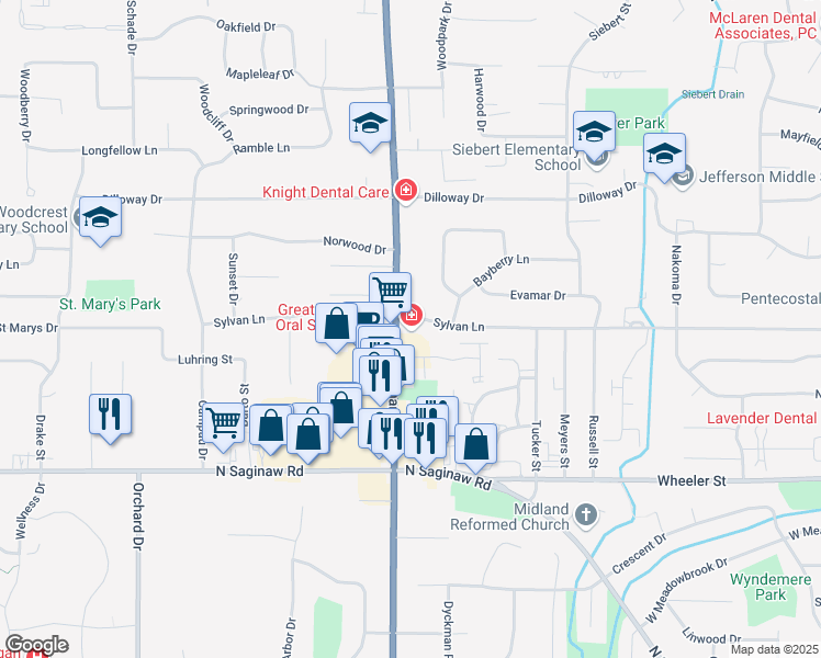map of restaurants, bars, coffee shops, grocery stores, and more near 5220 Eastman Avenue in Midland