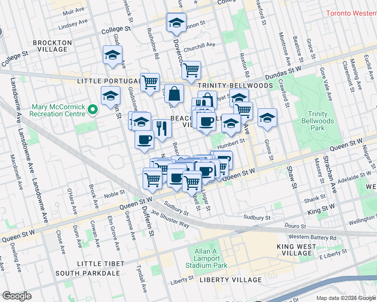 map of restaurants, bars, coffee shops, grocery stores, and more near 176 Lisgar Street in Toronto