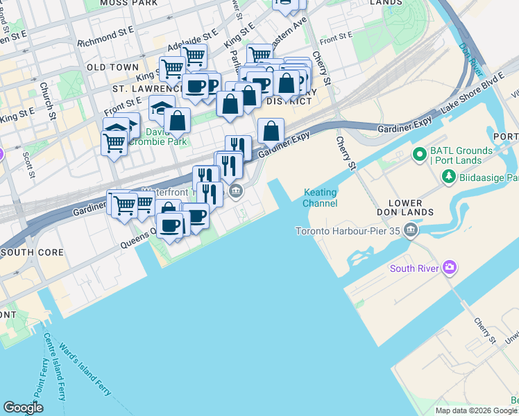 map of restaurants, bars, coffee shops, grocery stores, and more near 118 Merchants' Wharf in Toronto