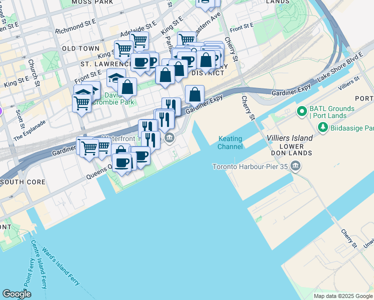 map of restaurants, bars, coffee shops, grocery stores, and more near 118 Merchants' Wharf in Toronto