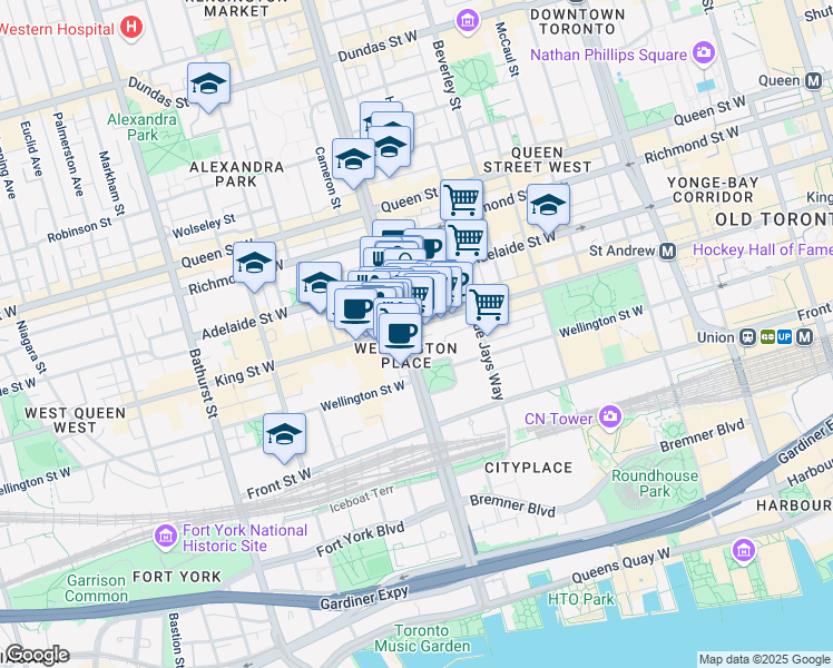 map of restaurants, bars, coffee shops, grocery stores, and more near 99 Spadina Avenue in Toronto