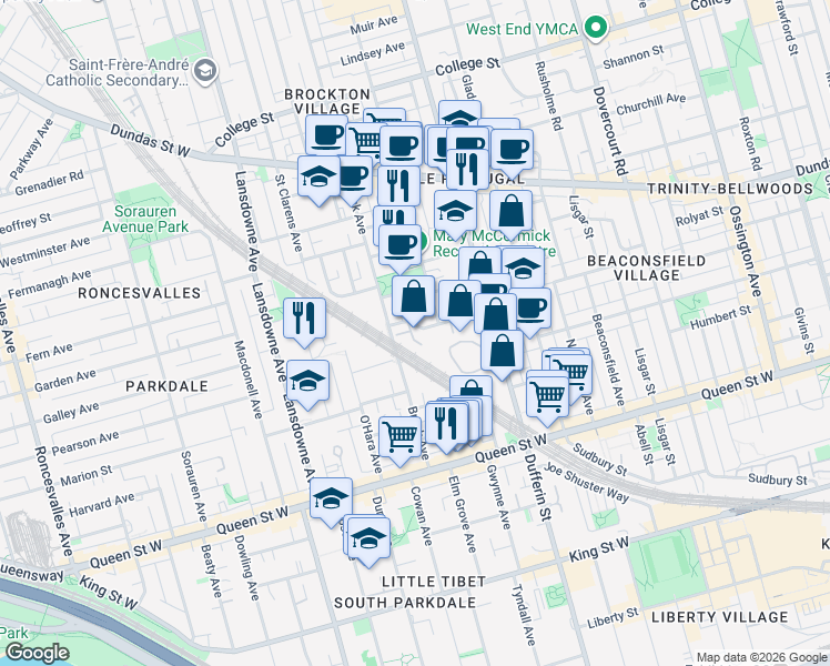 map of restaurants, bars, coffee shops, grocery stores, and more near 77 Florence Street in Toronto