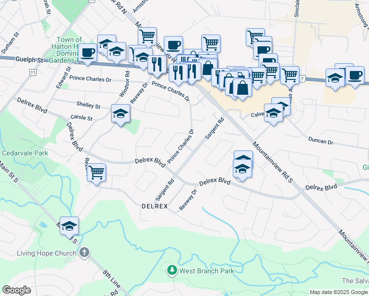 map of restaurants, bars, coffee shops, grocery stores, and more near 2 Gray Gate in Halton Hills