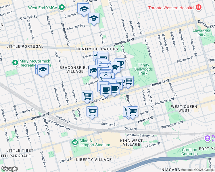map of restaurants, bars, coffee shops, grocery stores, and more near 49 Ossington Avenue in Toronto