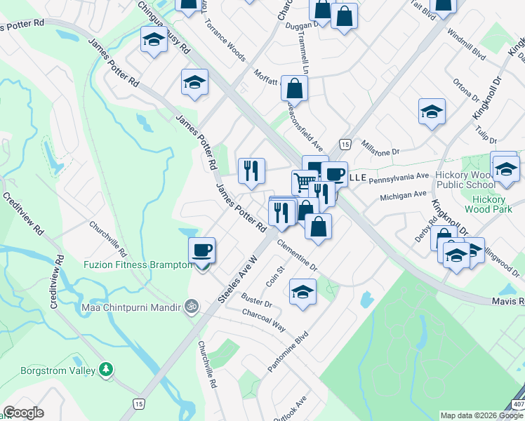 map of restaurants, bars, coffee shops, grocery stores, and more near 12 Gatlin Street in Brampton