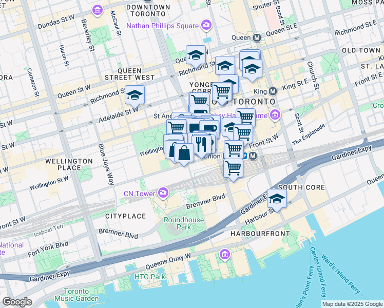 map of restaurants, bars, coffee shops, grocery stores, and more near 160 Front Street West in Toronto