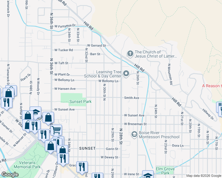 map of restaurants, bars, coffee shops, grocery stores, and more near 2725 North 29th Street in Boise