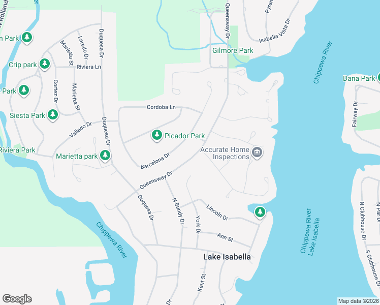 map of restaurants, bars, coffee shops, grocery stores, and more near 1136-1154 Queensway Drive in Lake Isabella