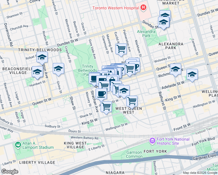 map of restaurants, bars, coffee shops, grocery stores, and more near 800 Richmond Street West in Toronto