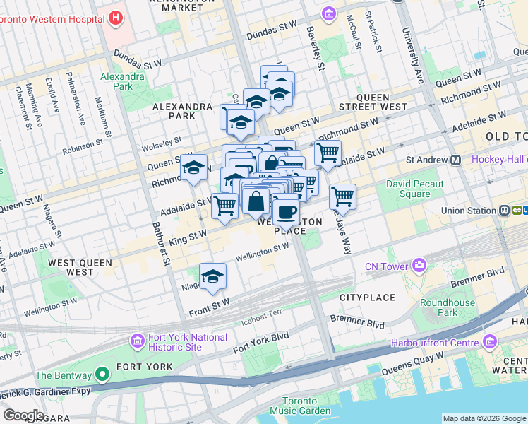 map of restaurants, bars, coffee shops, grocery stores, and more near 478 King Street West in Toronto