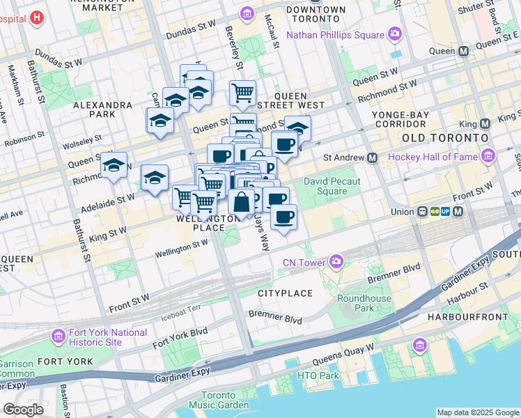 map of restaurants, bars, coffee shops, grocery stores, and more near 55 Mercer Street in Toronto
