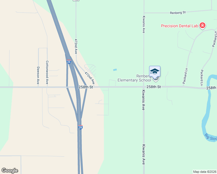 map of restaurants, bars, coffee shops, grocery stores, and more near 47220 258th Street in Renner