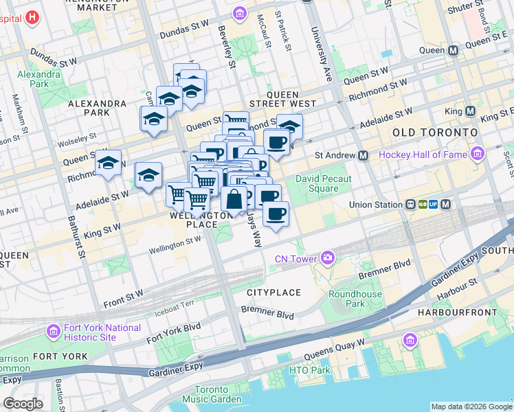 map of restaurants, bars, coffee shops, grocery stores, and more near 55 Mercer Street in Toronto