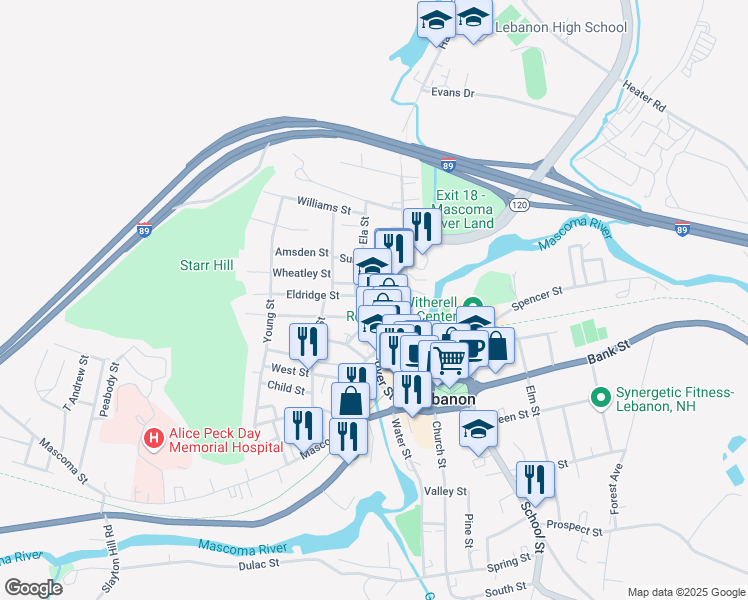 map of restaurants, bars, coffee shops, grocery stores, and more near 11 Eldridge Street in Lebanon