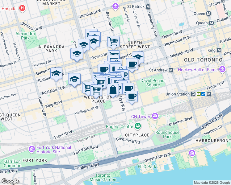 map of restaurants, bars, coffee shops, grocery stores, and more near 80 Blue Jays Way in Toronto