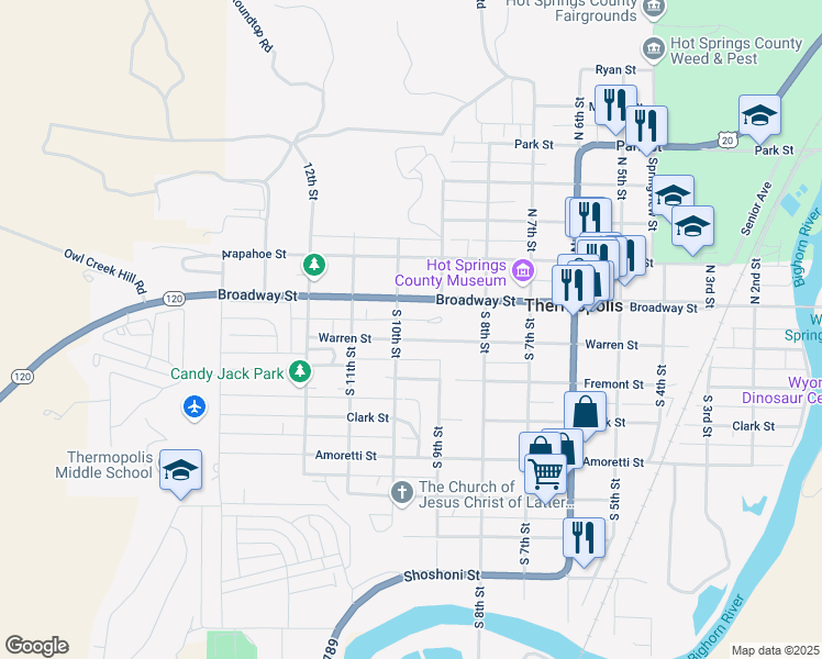 map of restaurants, bars, coffee shops, grocery stores, and more near 150-198 South 10th Street in Thermopolis