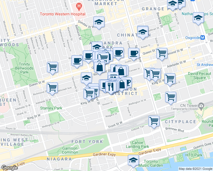 map of restaurants, bars, coffee shops, grocery stores, and more near 501 Adelaide Street West in Toronto