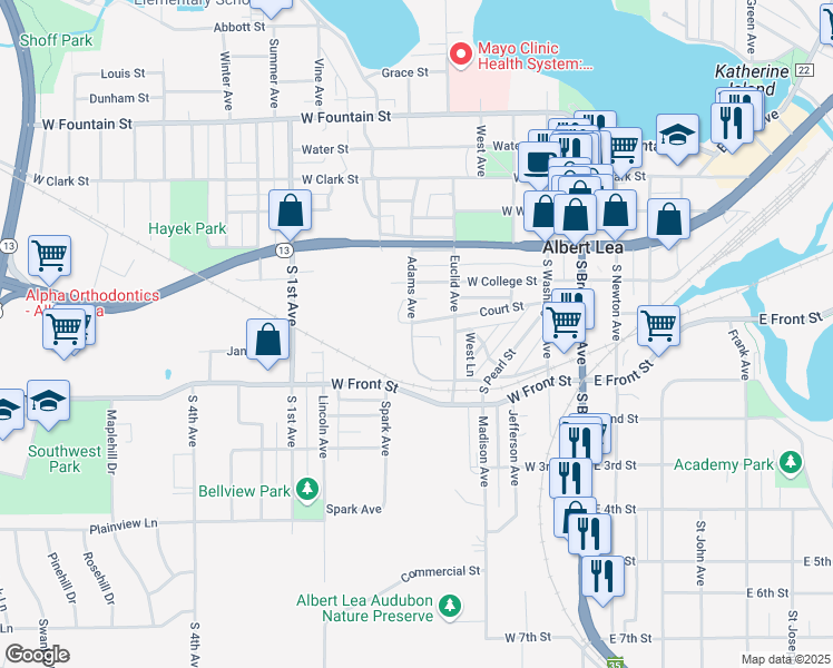 map of restaurants, bars, coffee shops, grocery stores, and more near 513 Adams Avenue in Albert Lea