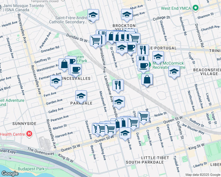 map of restaurants, bars, coffee shops, grocery stores, and more near 147 Lansdowne Avenue in Toronto