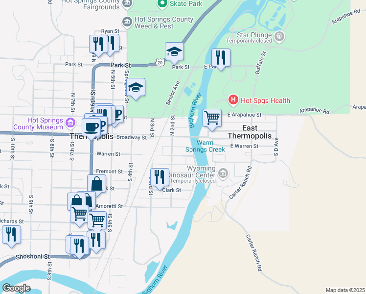 map of restaurants, bars, coffee shops, grocery stores, and more near 107 Broadway Street in Thermopolis