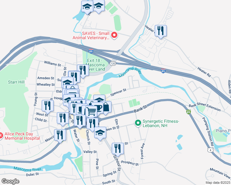 map of restaurants, bars, coffee shops, grocery stores, and more near 20-38 Spencer Street in Lebanon