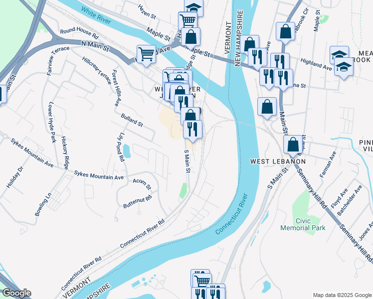 map of restaurants, bars, coffee shops, grocery stores, and more near 230 South Main Street in Hartford