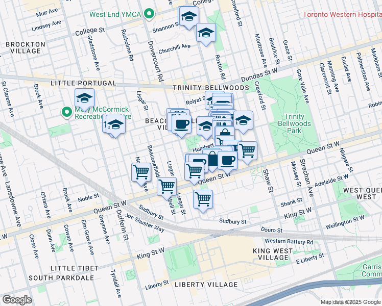 map of restaurants, bars, coffee shops, grocery stores, and more near in Toronto