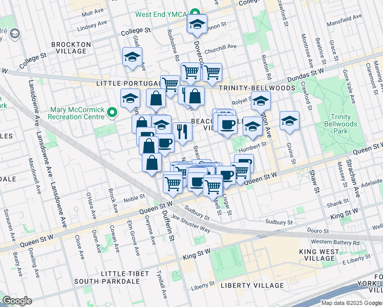 map of restaurants, bars, coffee shops, grocery stores, and more near in Toronto