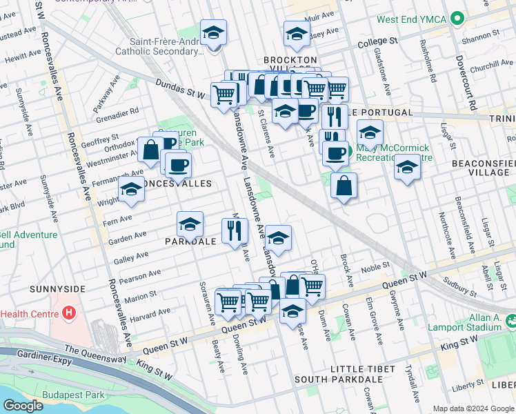 map of restaurants, bars, coffee shops, grocery stores, and more near in Toronto