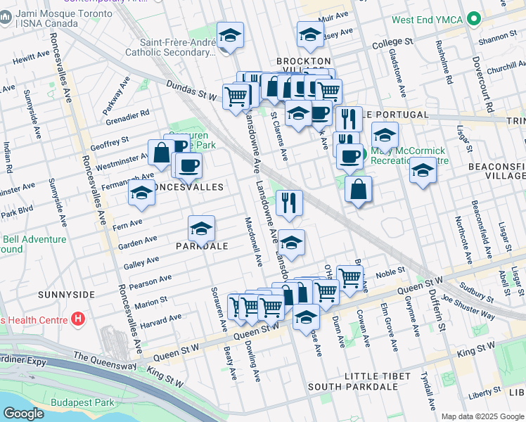 map of restaurants, bars, coffee shops, grocery stores, and more near in Toronto