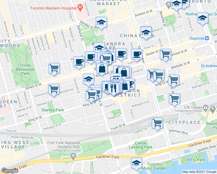 map of restaurants, bars, coffee shops, grocery stores, and more near 501 Adelaide Street West in Toronto