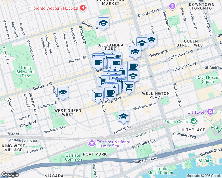 map of restaurants, bars, coffee shops, grocery stores, and more near 493 Adelaide Street West in Toronto