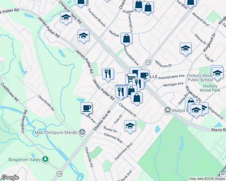 map of restaurants, bars, coffee shops, grocery stores, and more near 12 Gatlin Street in Brampton