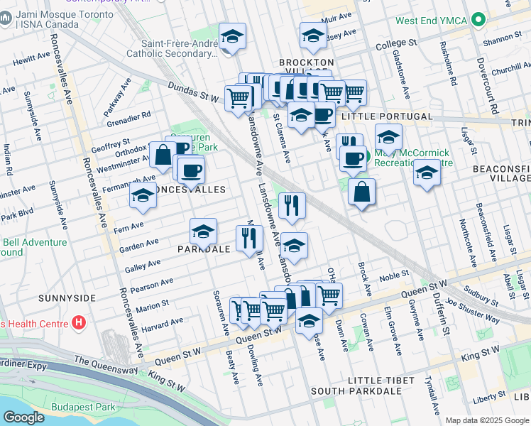 map of restaurants, bars, coffee shops, grocery stores, and more near 152 Lansdowne Avenue in Toronto
