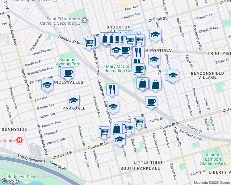 map of restaurants, bars, coffee shops, grocery stores, and more near 105 West Lodge Avenue in Toronto