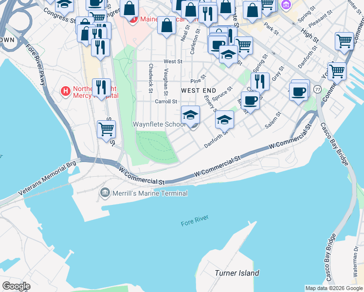 map of restaurants, bars, coffee shops, grocery stores, and more near 29 Orchard Street in Portland