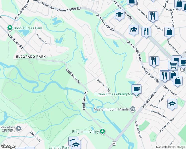map of restaurants, bars, coffee shops, grocery stores, and more near 8 Fairmont Close in Brampton