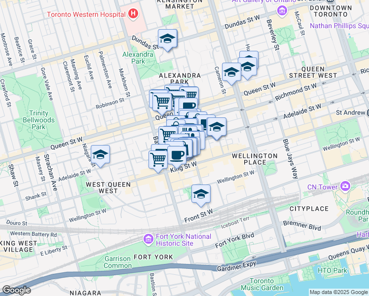 map of restaurants, bars, coffee shops, grocery stores, and more near in Toronto