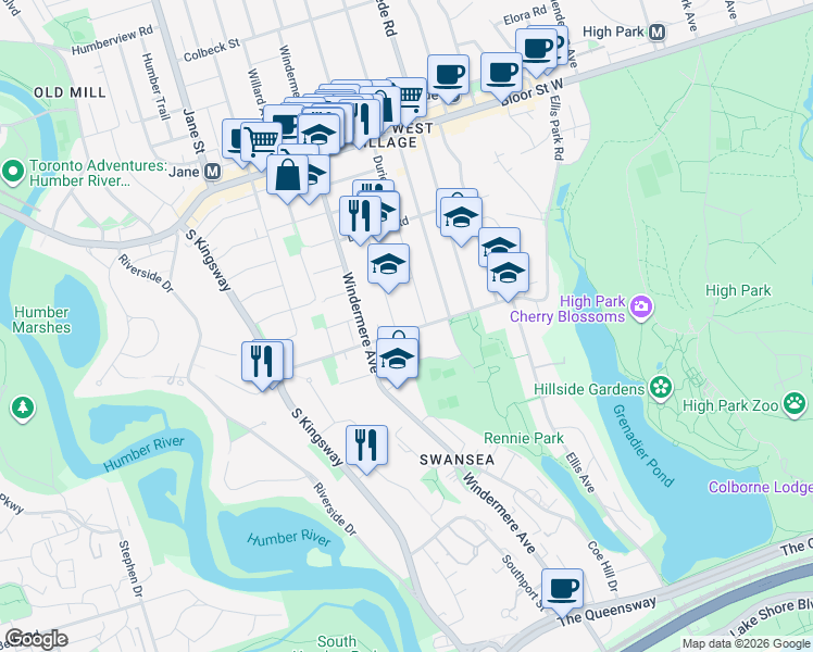 map of restaurants, bars, coffee shops, grocery stores, and more near 54 Morningside Avenue in Toronto