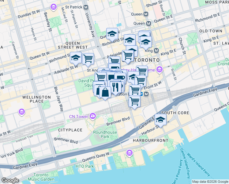 map of restaurants, bars, coffee shops, grocery stores, and more near 188 Front Street West in Toronto