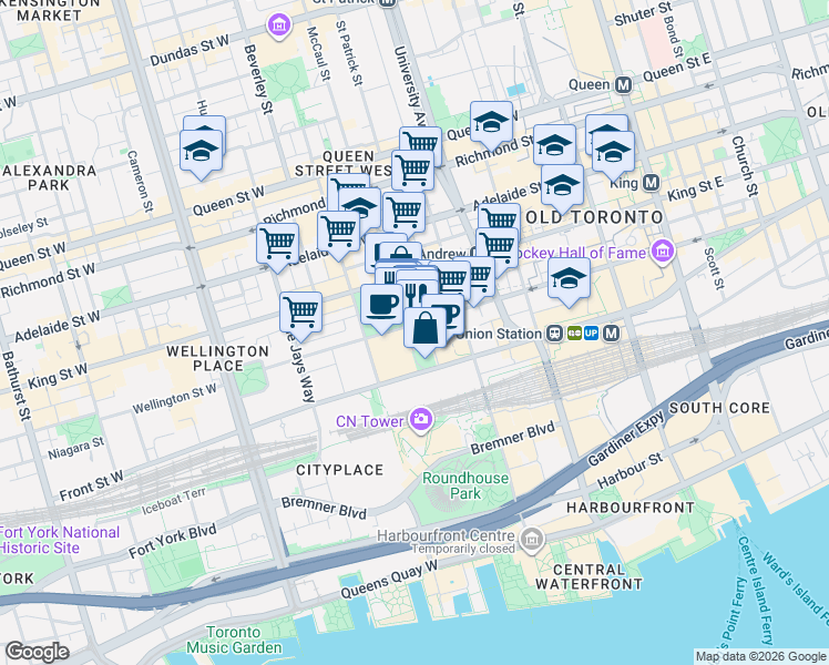 map of restaurants, bars, coffee shops, grocery stores, and more near 183 Wellington Street West in Toronto