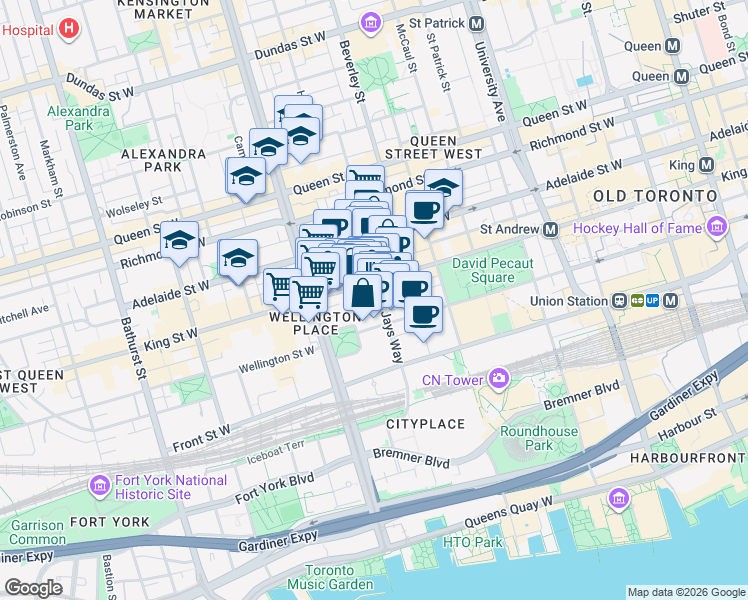 map of restaurants, bars, coffee shops, grocery stores, and more near 88 Blue Jays Way in Toronto