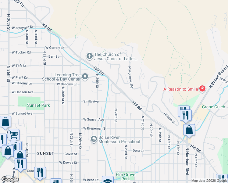 map of restaurants, bars, coffee shops, grocery stores, and more near 2406 Compass Drive in Boise