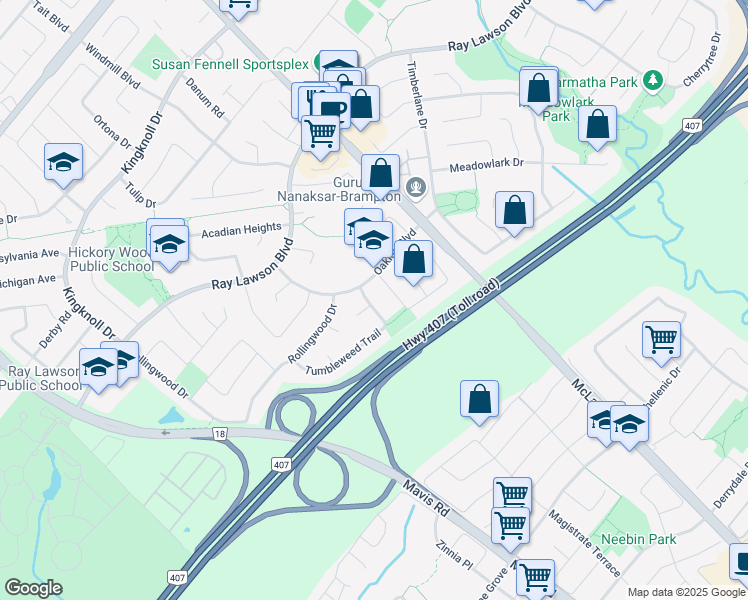 map of restaurants, bars, coffee shops, grocery stores, and more near 12 Tumbleweed Trail in Brampton