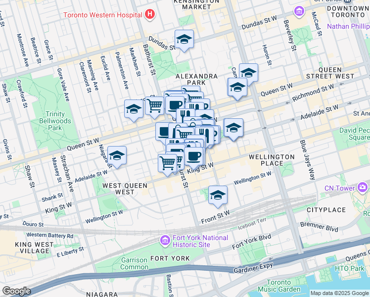 map of restaurants, bars, coffee shops, grocery stores, and more near 552 Adelaide Street West in Toronto