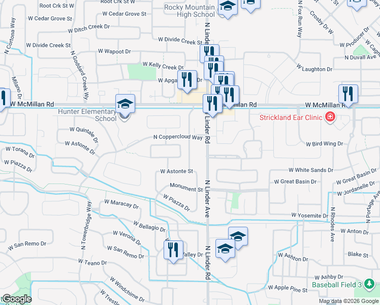 map of restaurants, bars, coffee shops, grocery stores, and more near 190f North Penngrove Way in Meridian