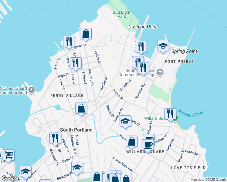 map of restaurants, bars, coffee shops, grocery stores, and more near 137 Preble Street in South Portland